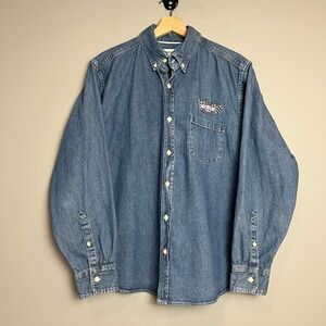 George & Martha Denim Shirt Womens XL Blue Michigan 2016 Racing Patch